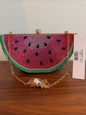 NWT Watermelon Crystal Embellished Clutch with Gold Chain